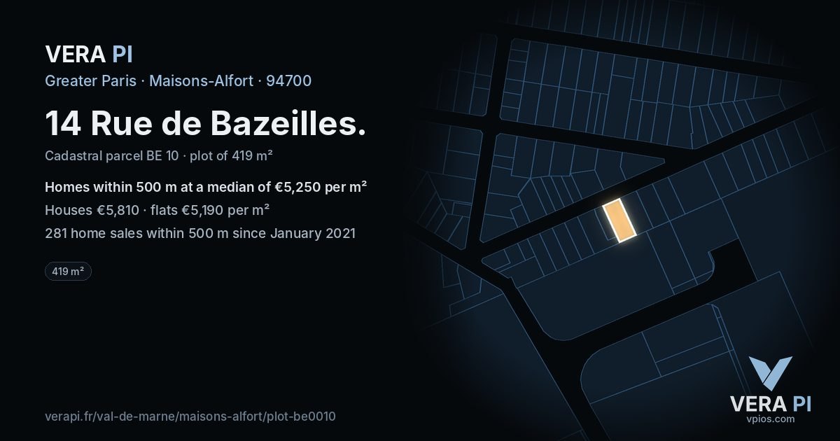 14 Rue de Bazeilles, Maisons-Alfort at night – the plot lit, the parcels around coloured by the prices near them