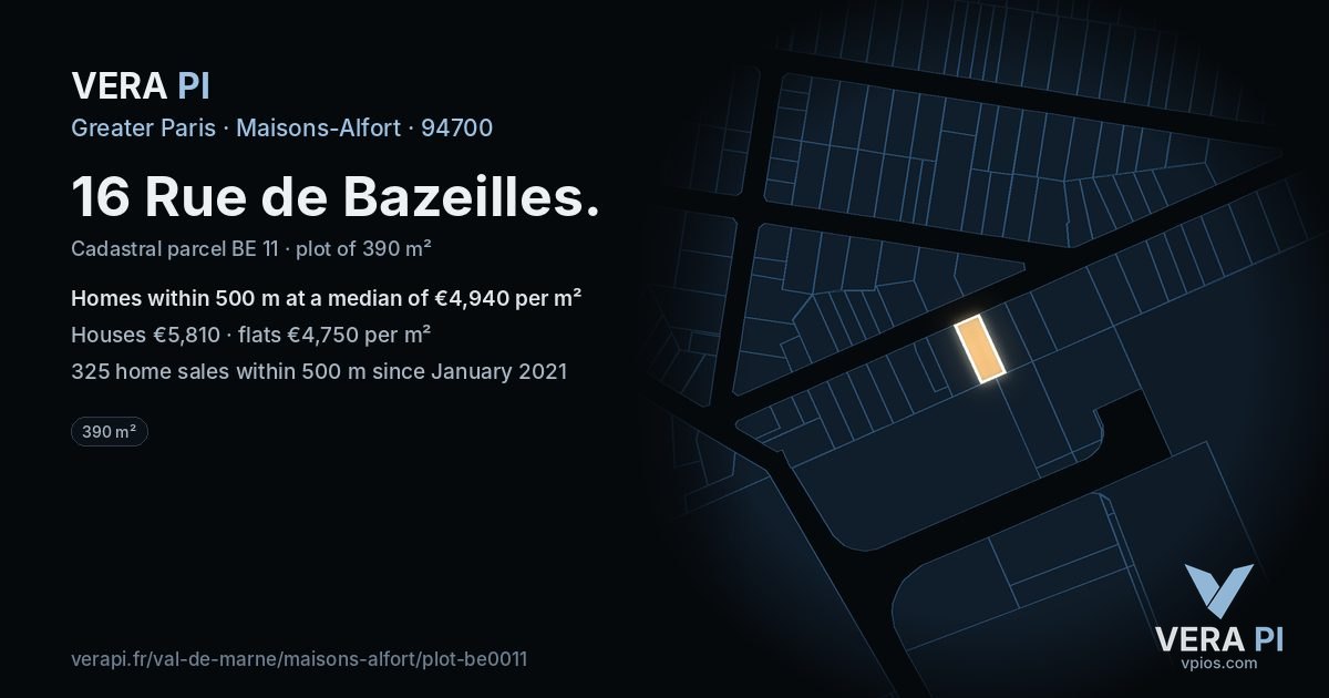 16 Rue de Bazeilles, Maisons-Alfort at night – the plot lit, the parcels around coloured by the prices near them