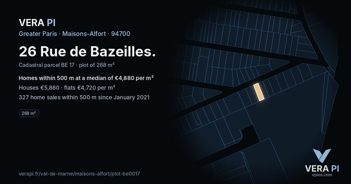 26 Rue de Bazeilles, Maisons-Alfort at night – the plot lit, the parcels around coloured by the prices near them