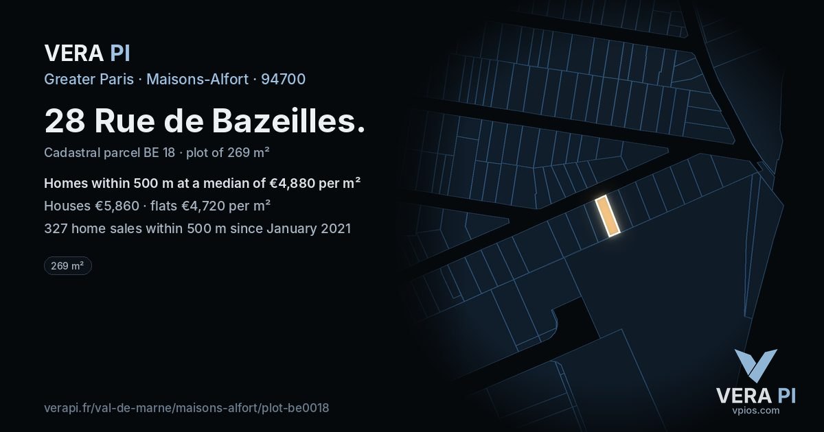 28 Rue de Bazeilles, Maisons-Alfort at night – the plot lit, the parcels around coloured by the prices near them
