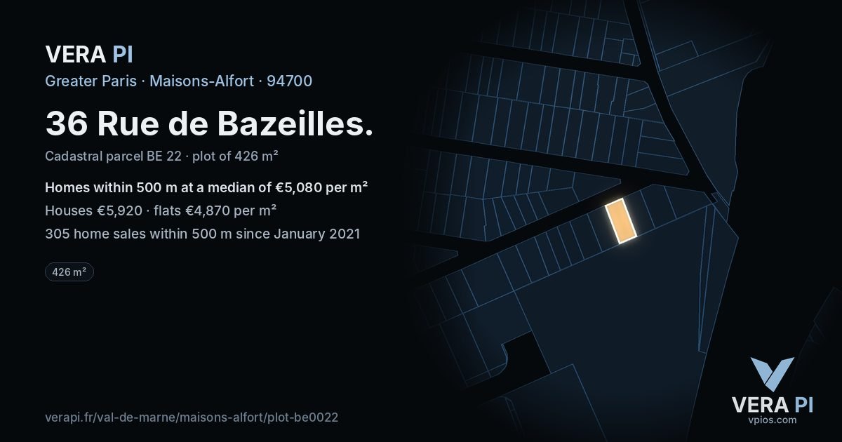 36 Rue de Bazeilles, Maisons-Alfort at night – the plot lit, the parcels around coloured by the prices near them