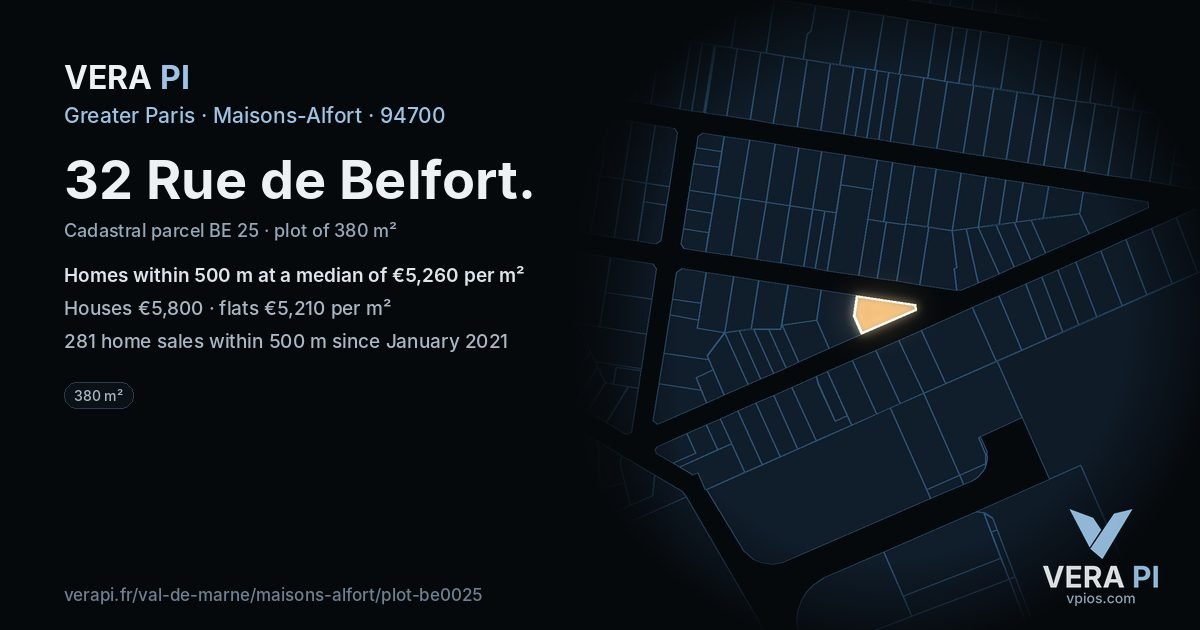 32 Rue de Belfort, Maisons-Alfort at night – the plot lit, the parcels around coloured by the prices near them