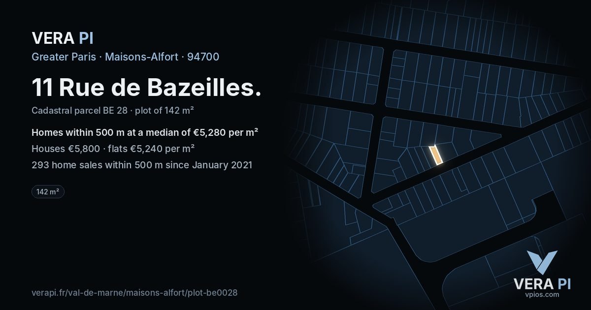 11 Rue de Bazeilles, Maisons-Alfort at night – the plot lit, the parcels around coloured by the prices near them
