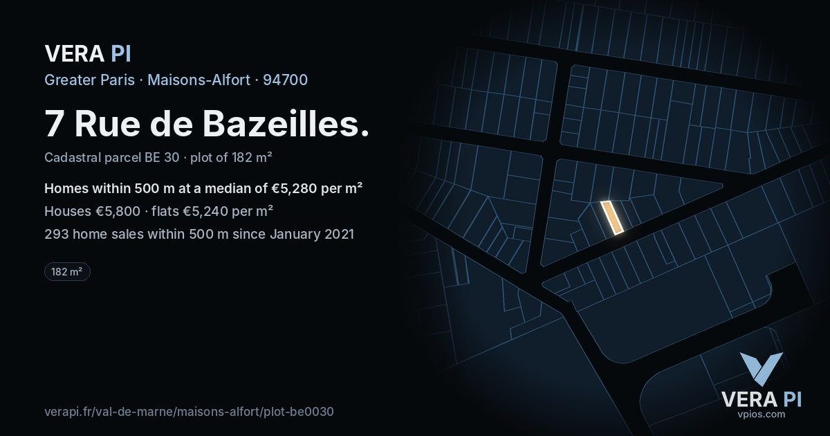 7 Rue de Bazeilles, Maisons-Alfort at night – the plot lit, the parcels around coloured by the prices near them