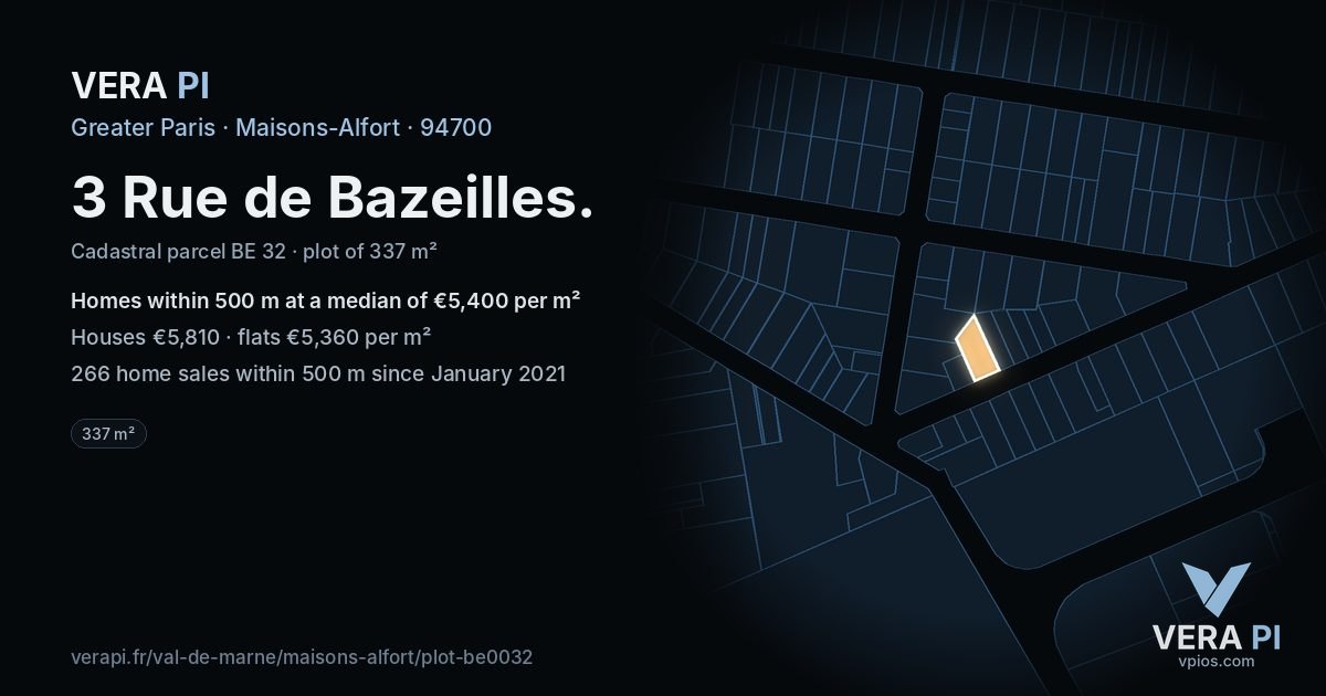 3 Rue de Bazeilles, Maisons-Alfort at night – the plot lit, the parcels around coloured by the prices near them