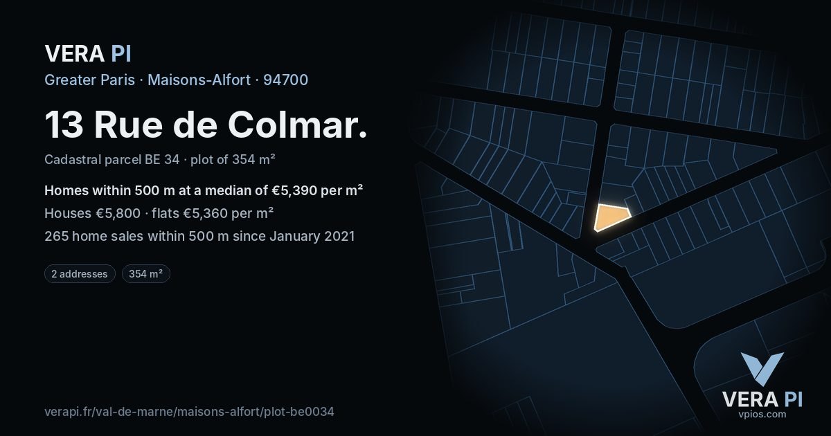 13 Rue de Colmar, Maisons-Alfort at night – the plot lit, the parcels around coloured by the prices near them