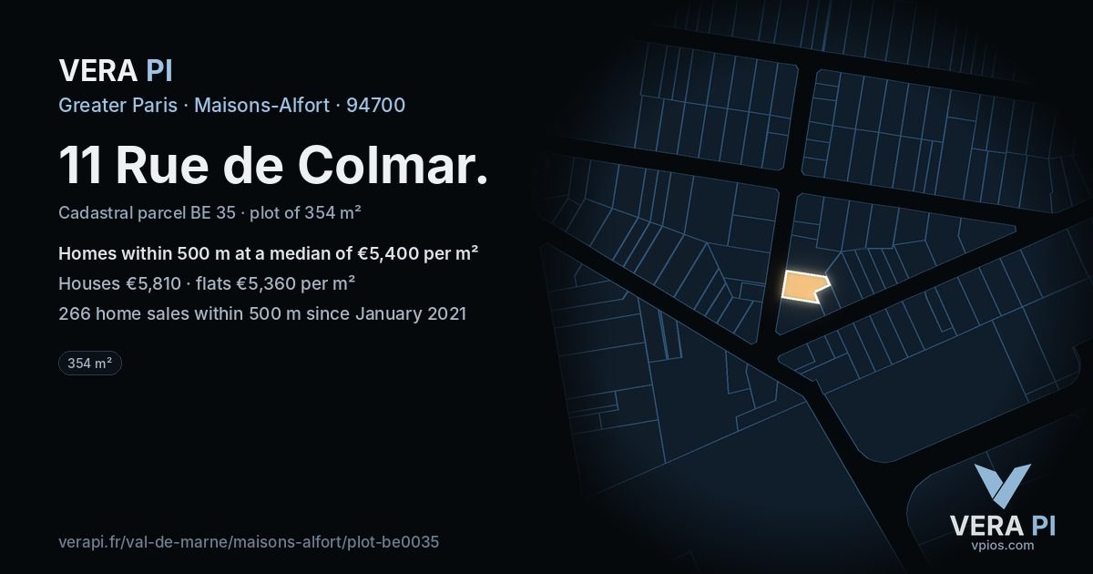 11 Rue de Colmar, Maisons-Alfort at night – the plot lit, the parcels around coloured by the prices near them