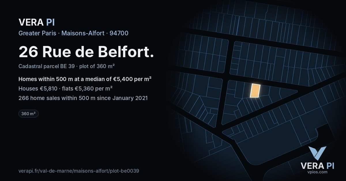 26 Rue de Belfort, Maisons-Alfort at night – the plot lit, the parcels around coloured by the prices near them