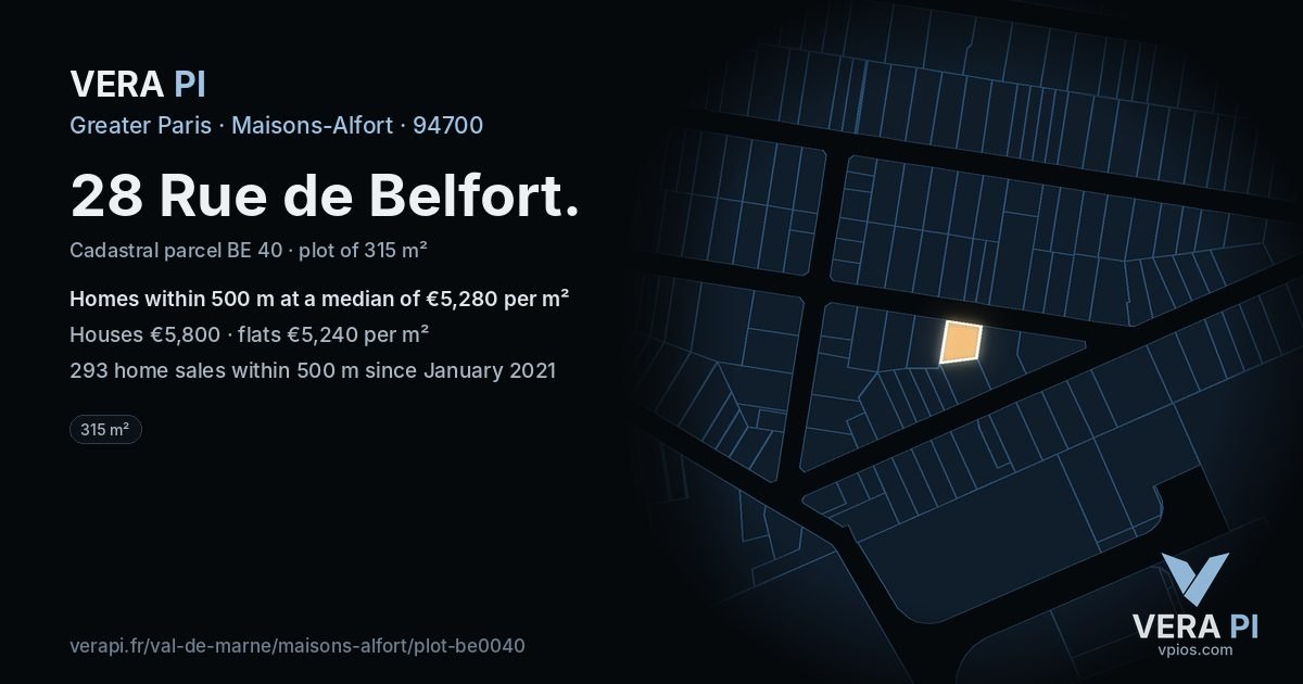 28 Rue de Belfort, Maisons-Alfort at night – the plot lit, the parcels around coloured by the prices near them