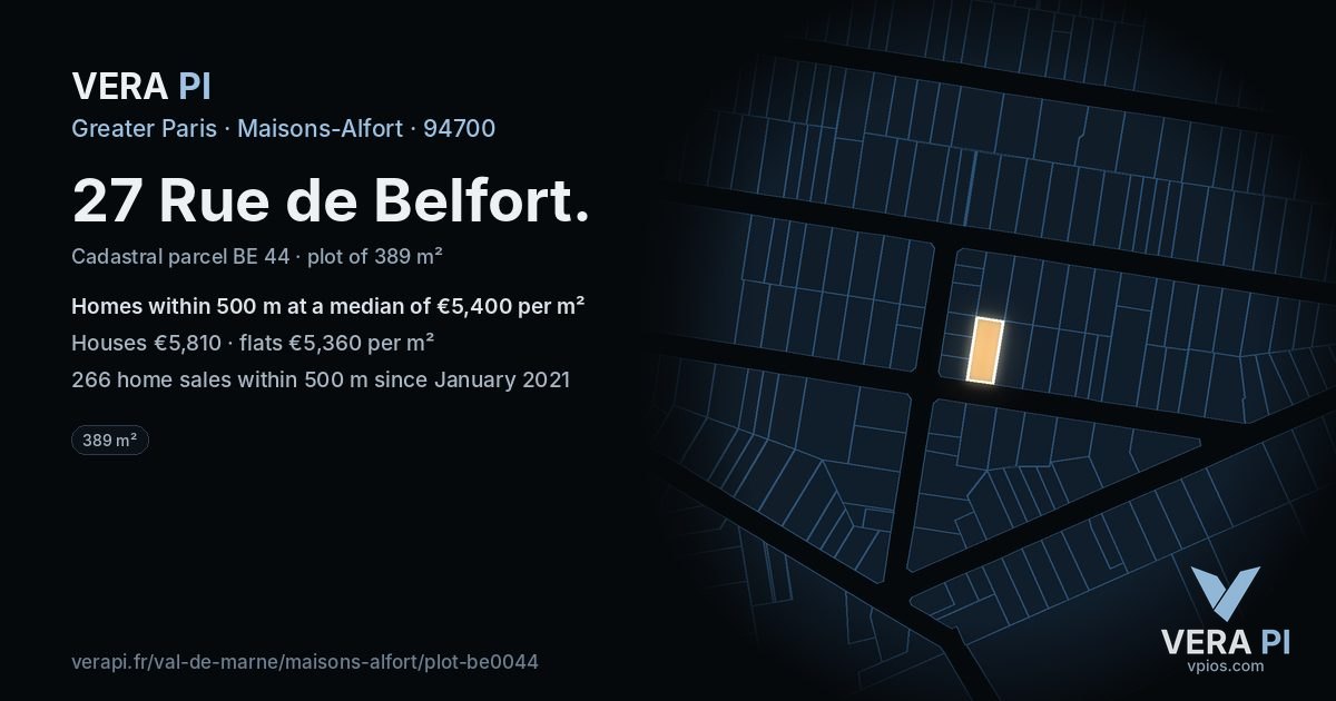 27 Rue de Belfort, Maisons-Alfort at night – the plot lit, the parcels around coloured by the prices near them