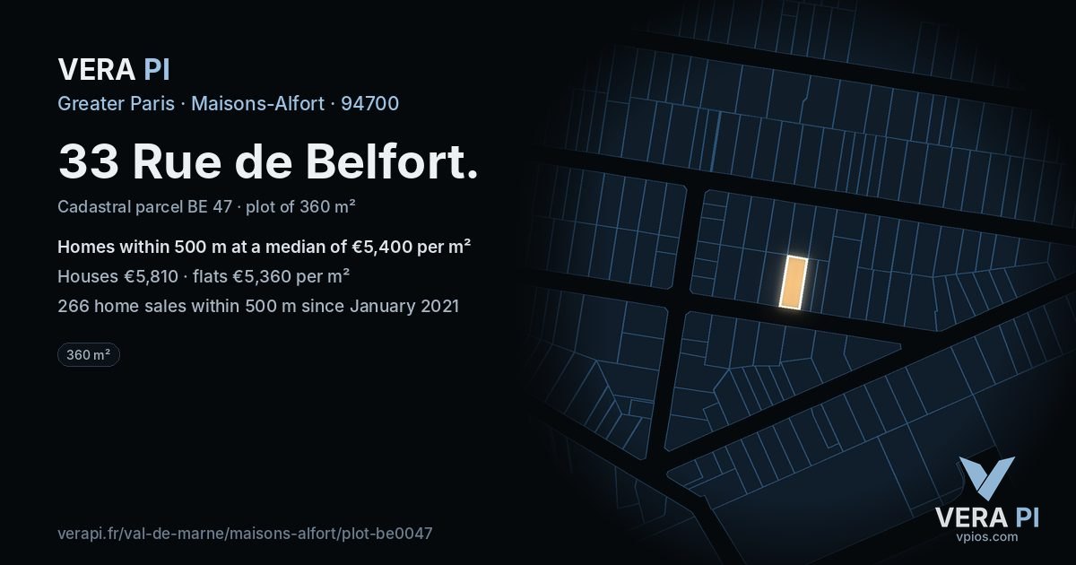 33 Rue de Belfort, Maisons-Alfort at night – the plot lit, the parcels around coloured by the prices near them