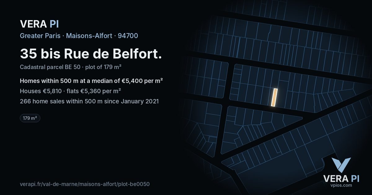 35 bis Rue de Belfort, Maisons-Alfort at night – the plot lit, the parcels around coloured by the prices near them