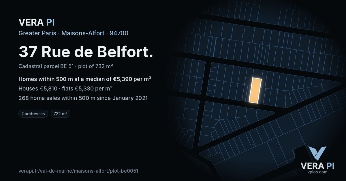 37 Rue de Belfort, Maisons-Alfort at night – the plot lit, the parcels around coloured by the prices near them