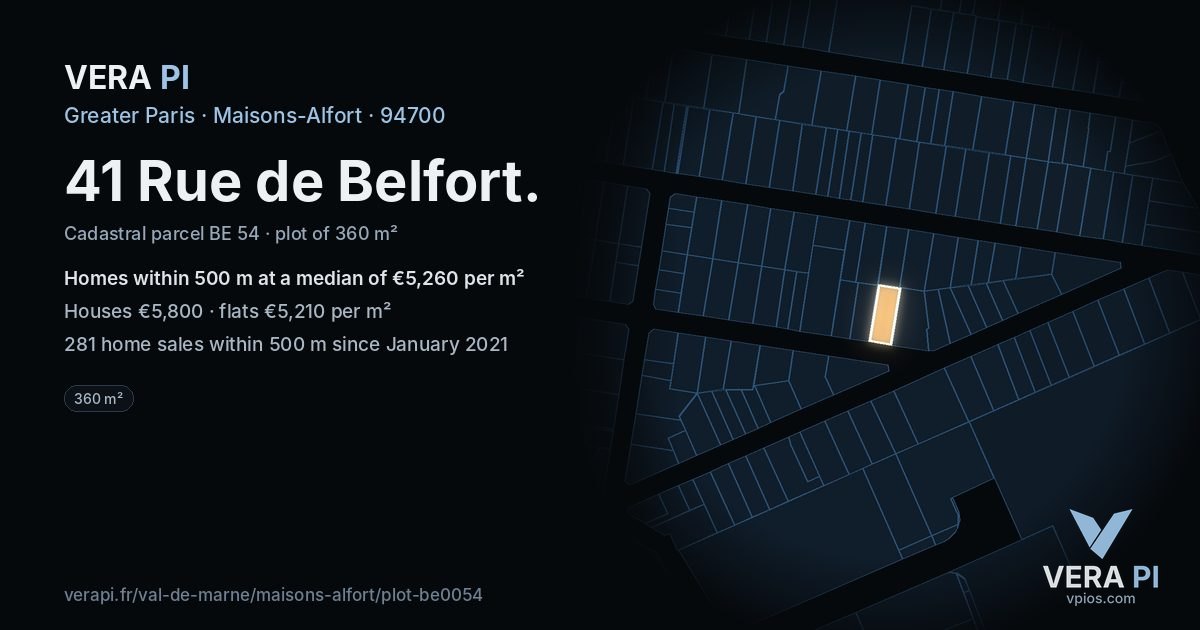 41 Rue de Belfort, Maisons-Alfort at night – the plot lit, the parcels around coloured by the prices near them