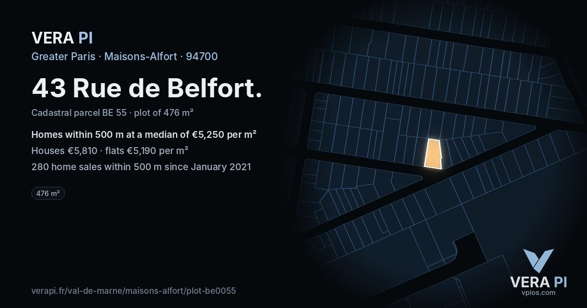 43 Rue de Belfort, Maisons-Alfort at night – the plot lit, the parcels around coloured by the prices near them
