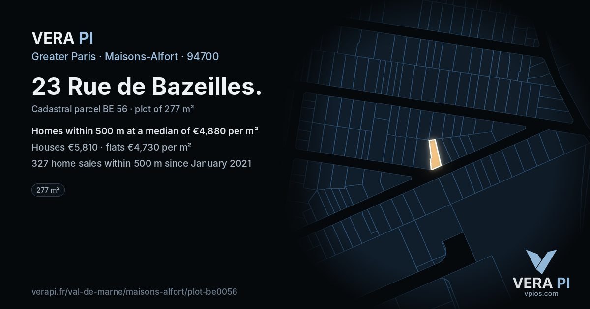 23 Rue de Bazeilles, Maisons-Alfort at night – the plot lit, the parcels around coloured by the prices near them