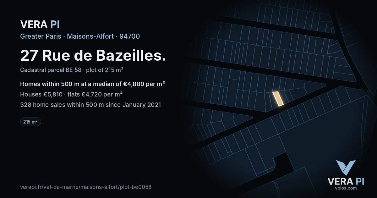 27 Rue de Bazeilles, Maisons-Alfort at night – the plot lit, the parcels around coloured by the prices near them