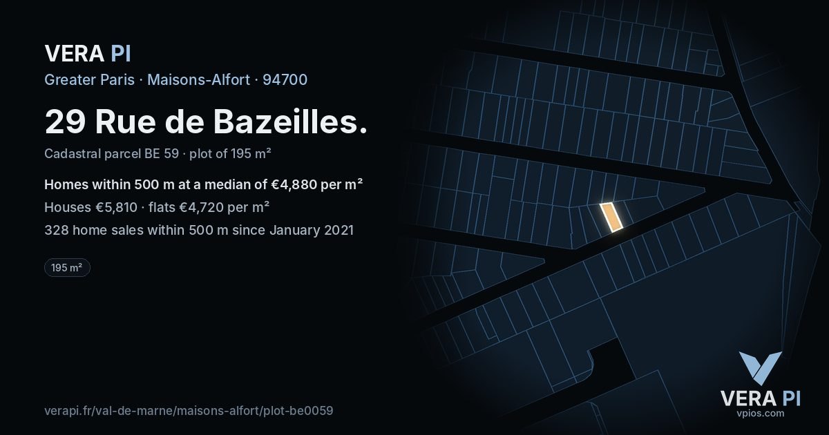 29 Rue de Bazeilles, Maisons-Alfort at night – the plot lit, the parcels around coloured by the prices near them