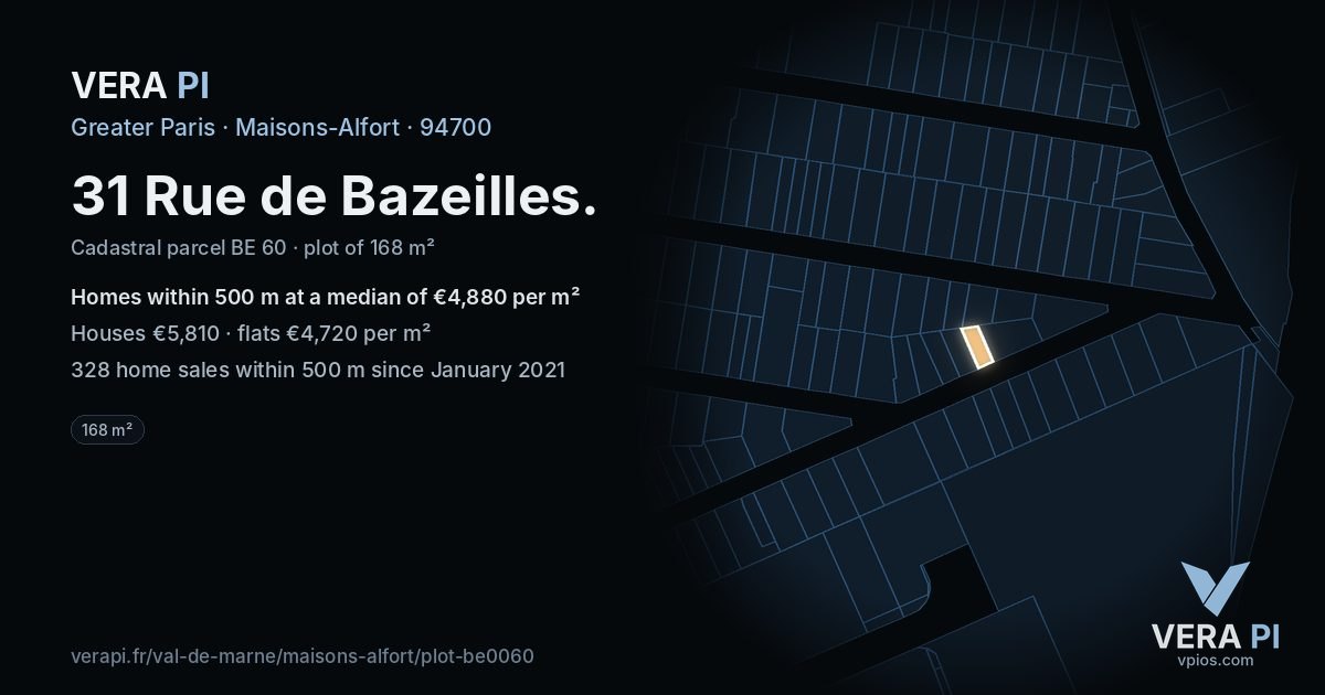31 Rue de Bazeilles, Maisons-Alfort at night – the plot lit, the parcels around coloured by the prices near them