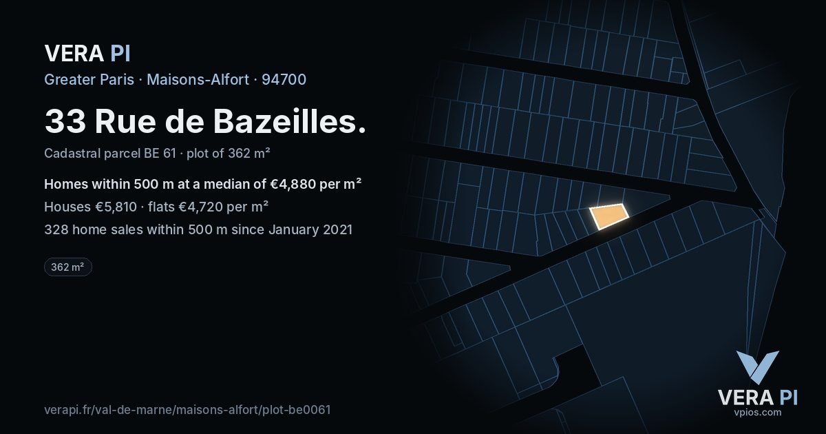 33 Rue de Bazeilles, Maisons-Alfort at night – the plot lit, the parcels around coloured by the prices near them