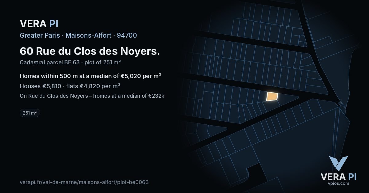 60 Rue du Clos des Noyers, Maisons-Alfort at night – the plot lit, the parcels around coloured by the prices near them