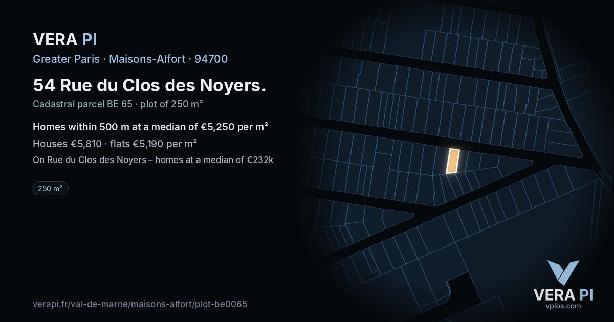 54 Rue du Clos des Noyers, Maisons-Alfort at night – the plot lit, the parcels around coloured by the prices near them