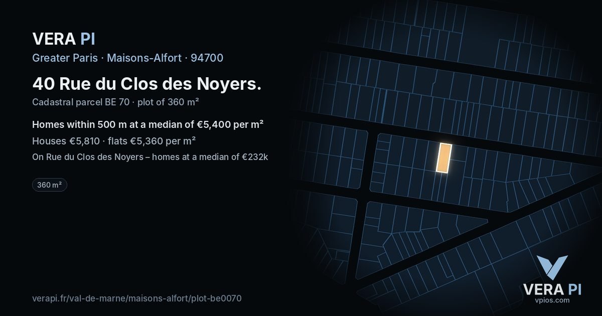 40 Rue du Clos des Noyers, Maisons-Alfort at night – the plot lit, the parcels around coloured by the prices near them