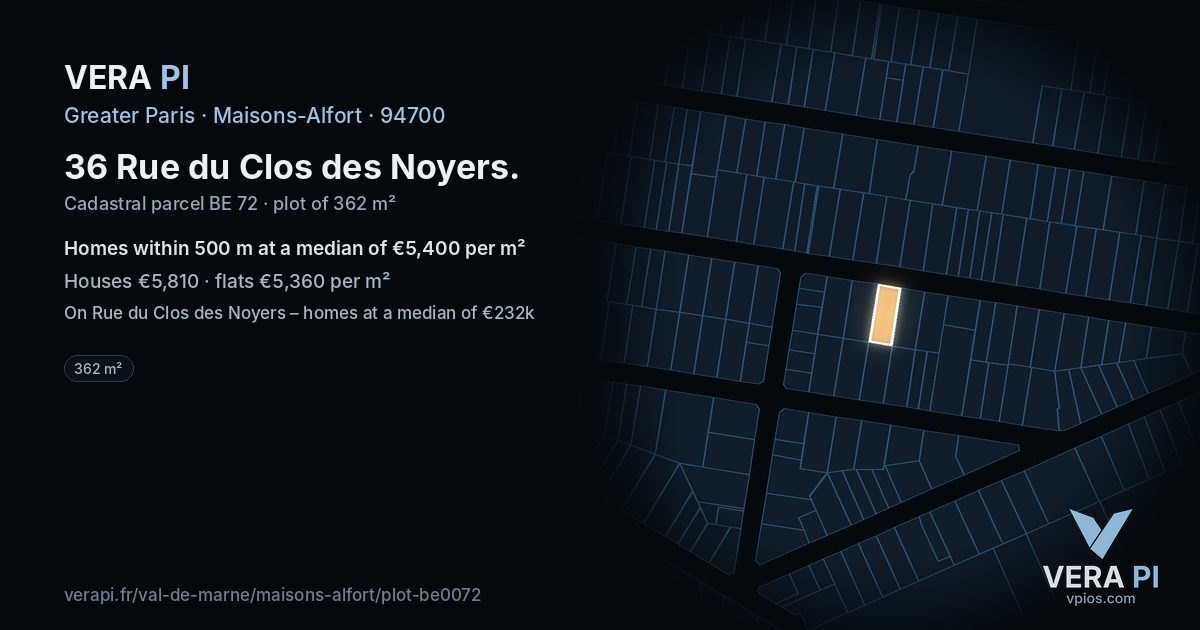 36 Rue du Clos des Noyers, Maisons-Alfort at night – the plot lit, the parcels around coloured by the prices near them