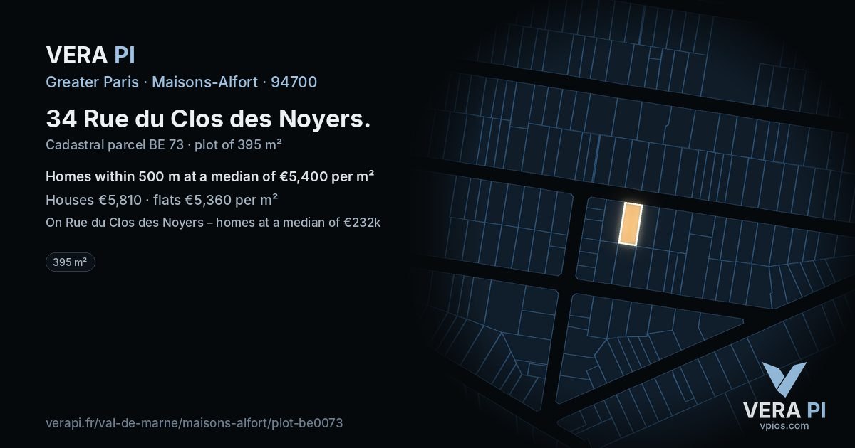 34 Rue du Clos des Noyers, Maisons-Alfort at night – the plot lit, the parcels around coloured by the prices near them