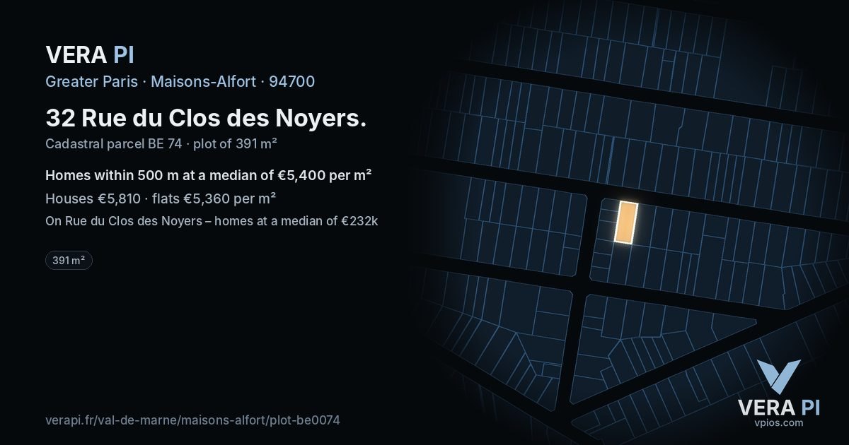32 Rue du Clos des Noyers, Maisons-Alfort at night – the plot lit, the parcels around coloured by the prices near them