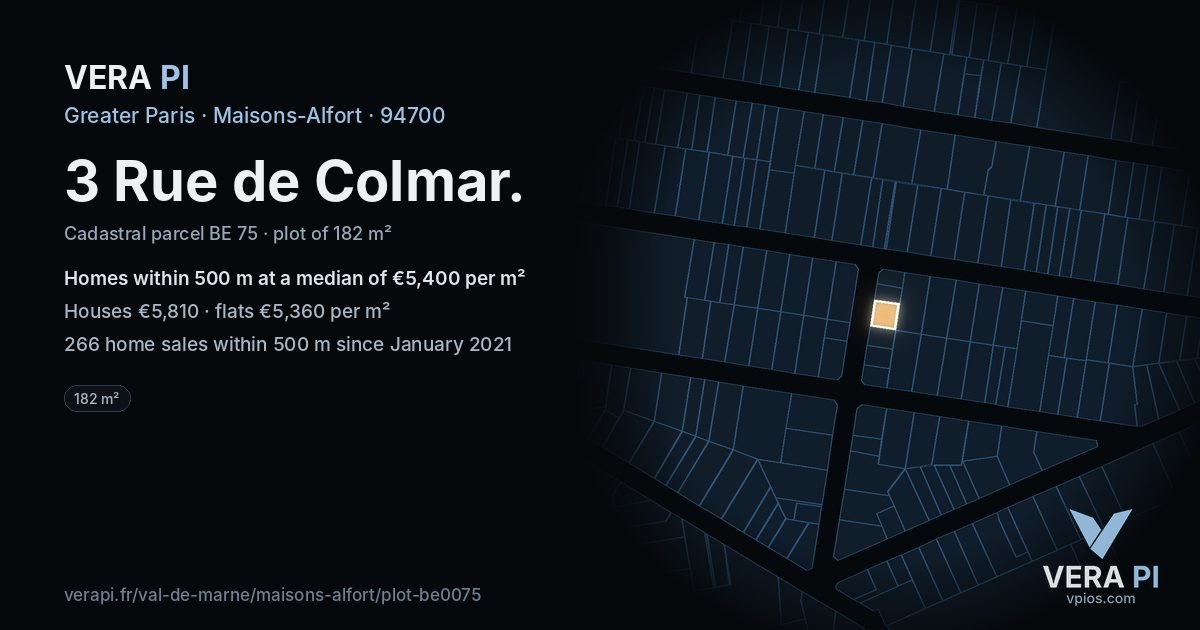3 Rue de Colmar, Maisons-Alfort at night – the plot lit, the parcels around coloured by the prices near them
