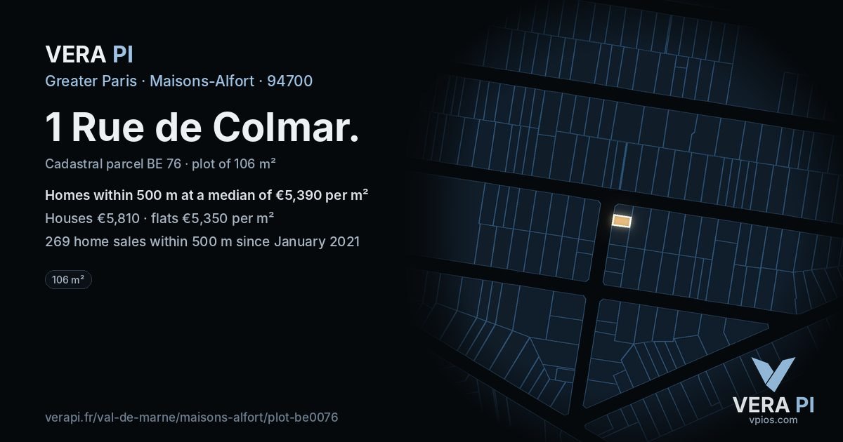 1 Rue de Colmar, Maisons-Alfort at night – the plot lit, the parcels around coloured by the prices near them