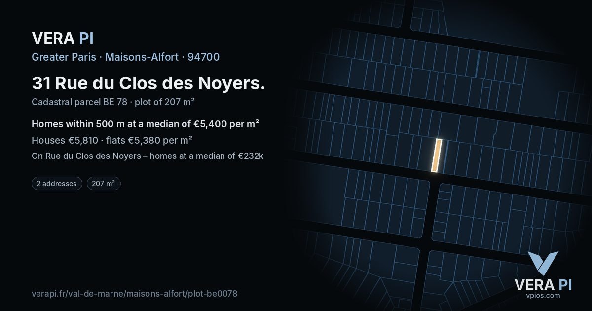 31 Rue du Clos des Noyers, Maisons-Alfort at night – the plot lit, the parcels around coloured by the prices near them