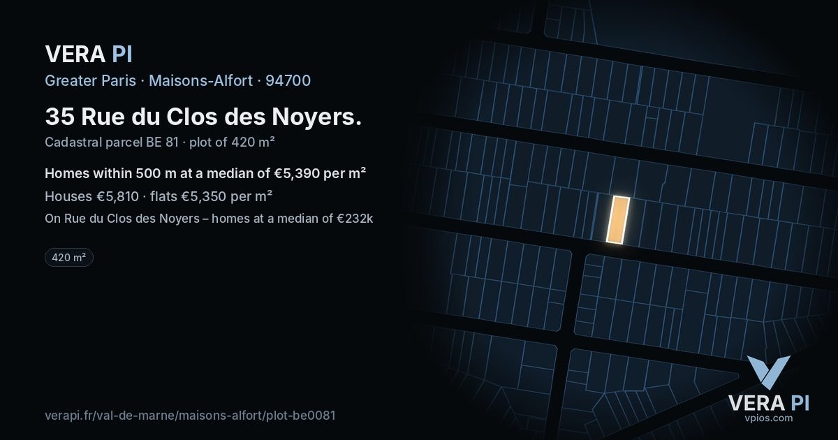35 Rue du Clos des Noyers, Maisons-Alfort at night – the plot lit, the parcels around coloured by the prices near them