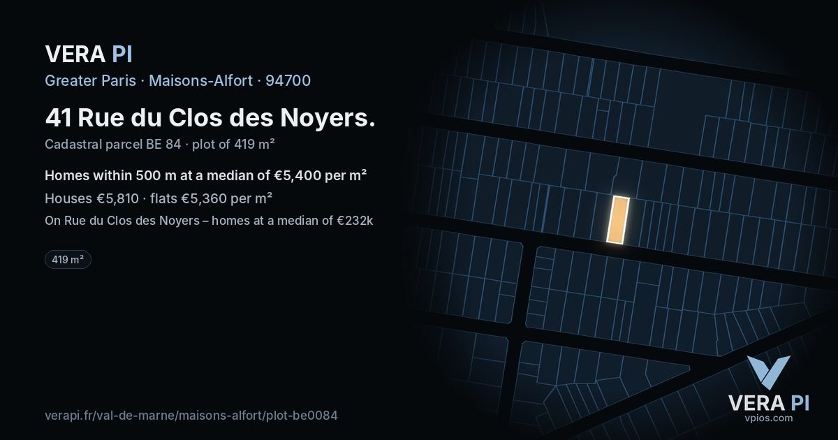 41 Rue du Clos des Noyers, Maisons-Alfort at night – the plot lit, the parcels around coloured by the prices near them