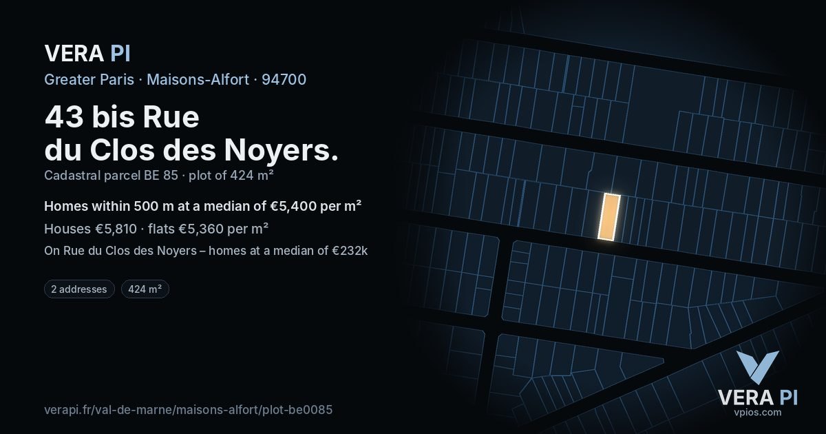 43 bis Rue du Clos des Noyers, Maisons-Alfort at night – the plot lit, the parcels around coloured by the prices near them