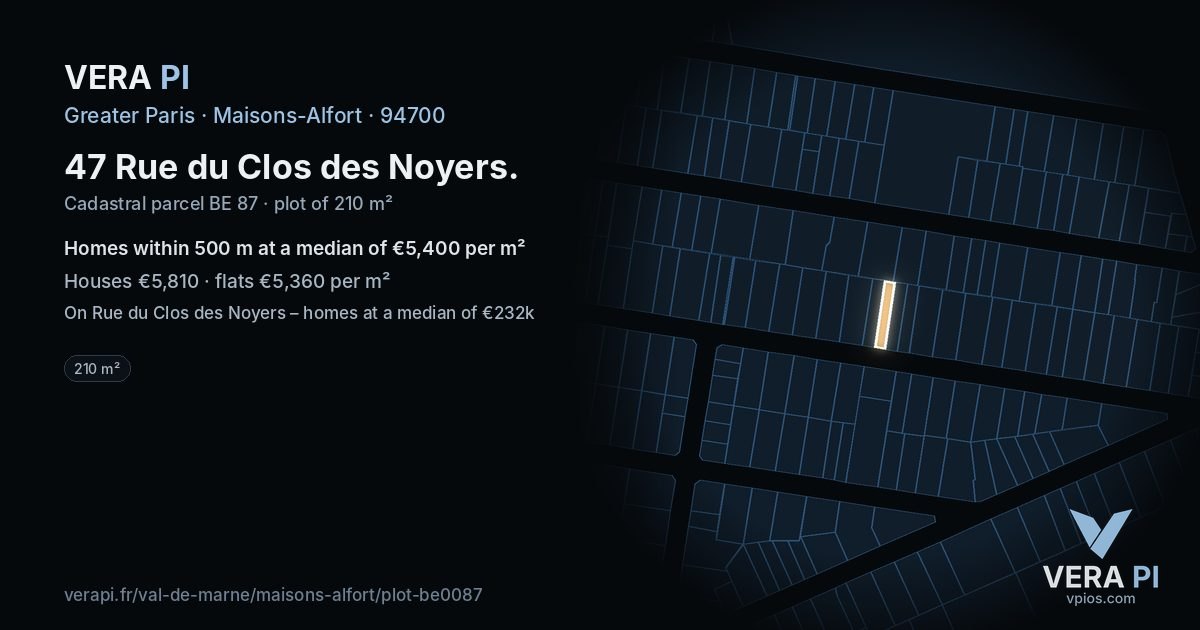 47 Rue du Clos des Noyers, Maisons-Alfort at night – the plot lit, the parcels around coloured by the prices near them