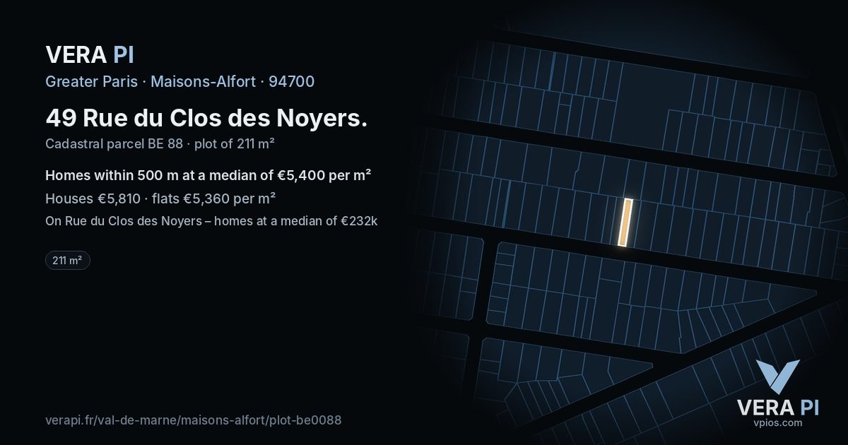 49 Rue du Clos des Noyers, Maisons-Alfort at night – the plot lit, the parcels around coloured by the prices near them