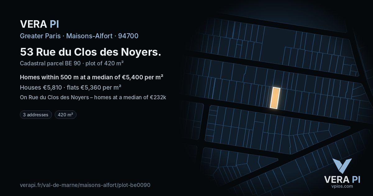 53 Rue du Clos des Noyers, Maisons-Alfort at night – the plot lit, the parcels around coloured by the prices near them