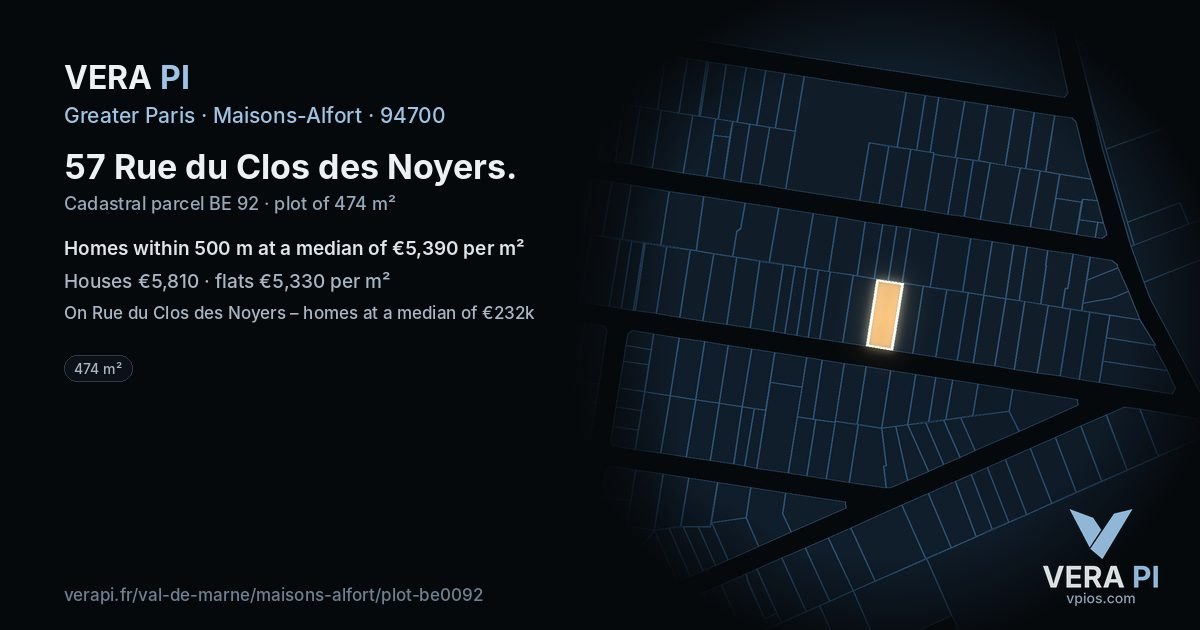 57 Rue du Clos des Noyers, Maisons-Alfort at night – the plot lit, the parcels around coloured by the prices near them