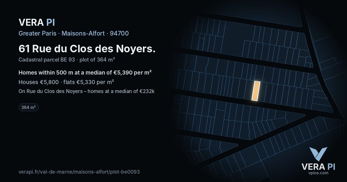 61 Rue du Clos des Noyers, Maisons-Alfort at night – the plot lit, the parcels around coloured by the prices near them