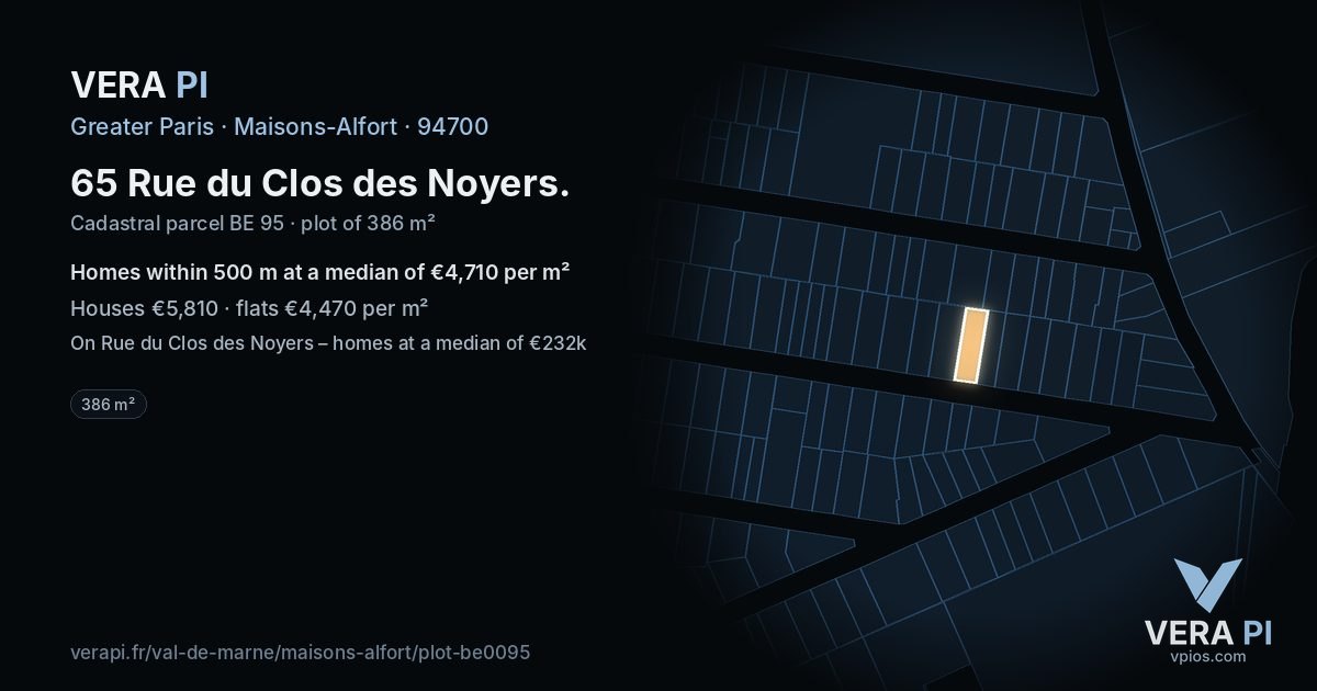 65 Rue du Clos des Noyers, Maisons-Alfort at night – the plot lit, the parcels around coloured by the prices near them