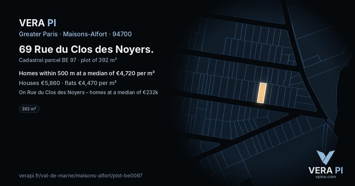 69 Rue du Clos des Noyers, Maisons-Alfort at night – the plot lit, the parcels around coloured by the prices near them