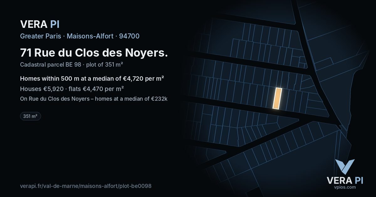 71 Rue du Clos des Noyers, Maisons-Alfort at night – the plot lit, the parcels around coloured by the prices near them