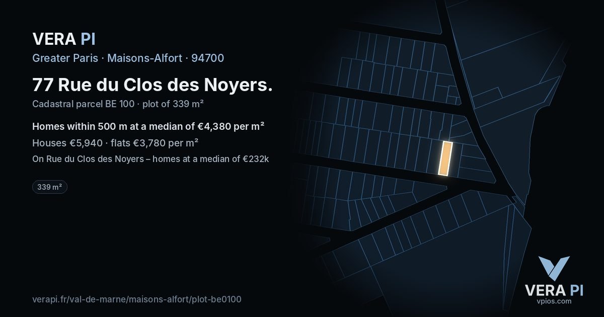 77 Rue du Clos des Noyers, Maisons-Alfort at night – the plot lit, the parcels around coloured by the prices near them