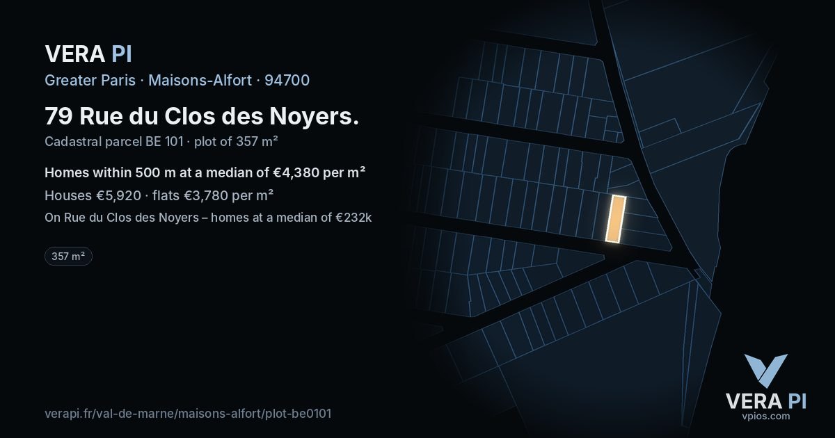 79 Rue du Clos des Noyers, Maisons-Alfort at night – the plot lit, the parcels around coloured by the prices near them