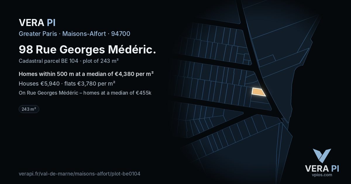 98 Rue Georges Médéric, Maisons-Alfort at night – the plot lit, the parcels around coloured by the prices near them