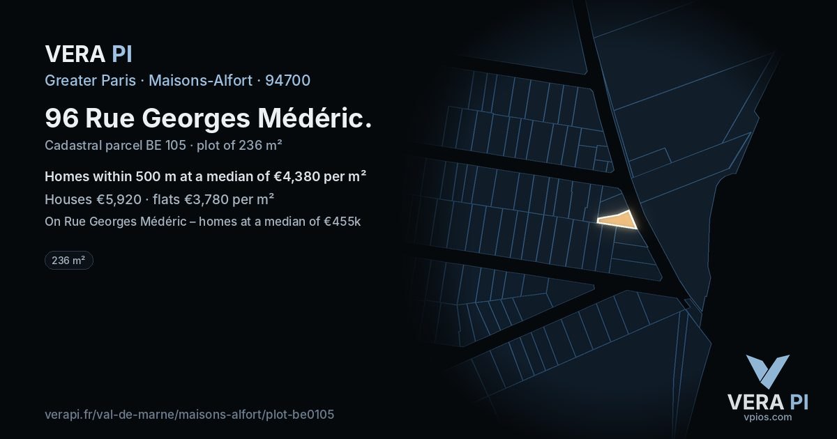 96 Rue Georges Médéric, Maisons-Alfort at night – the plot lit, the parcels around coloured by the prices near them