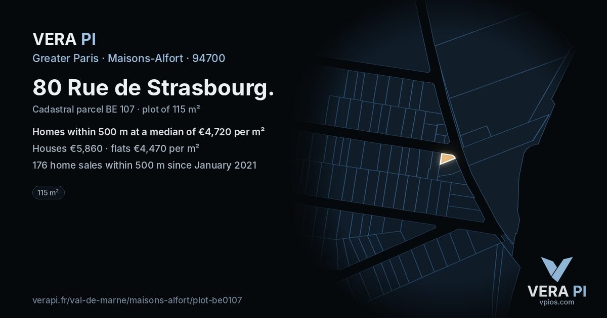 80 Rue de Strasbourg, Maisons-Alfort at night – the plot lit, the parcels around coloured by the prices near them