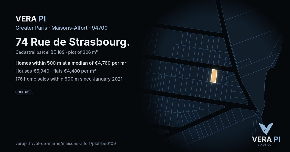 74 Rue de Strasbourg, Maisons-Alfort at night – the plot lit, the parcels around coloured by the prices near them